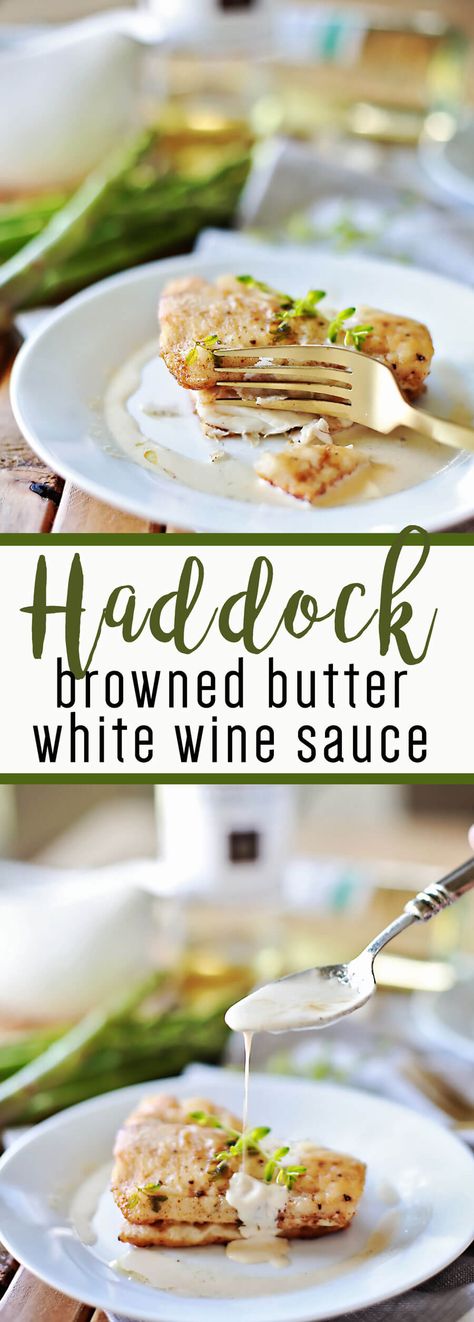 Flaky haddock pan fried, and served with a browned butter white wine sauce #ad #zzyshme #haddock #recipe Seafood Dishes Shrimp, Baked Haddock Recipes, Seafood Casserole Recipes, Baked Haddock, Haddock Recipes, Wine Butter, White Wine Sauce, Wine Sauce, Baked Fish