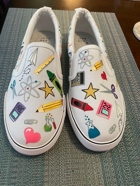 Hand painted casual shoes. Great for yourself, makes a great gift! You will tell me what grade or age group your shoes should be geared toward and I will make it happen! Shoe Painting Ideas Vans, I Will Make It Happen, Vans Painted, Teacher Shoes, I Will Make It, Painted Shoes Diy, Painted Canvas Shoes, Painted Vans, Painted Sneakers