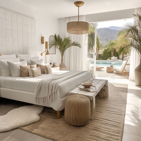 Modern Bedroom Interior Apartments, Boho Hotel Bedroom, Villa Style Bedroom, Modern Boho Beach House, Modern Florida Home Interiors, Bedroom Coastal Modern, Boho Hotel Room, Beach Villa Bedroom, California Modern Bedroom