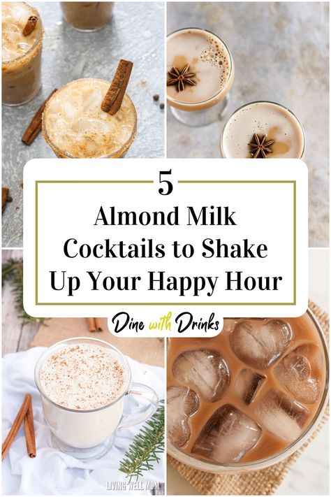 Collage of 4 almond milk cocktails. Almond Milk Cocktail, Cheeky Vimto Cocktail Recipe, Alcholic Milk Shake, Vodka Chambord Cocktail, Apricot Brandy Cocktails, Healthy Cocktail Recipes, Spiced Cocktail, Spiced Almonds, Punch Cocktails