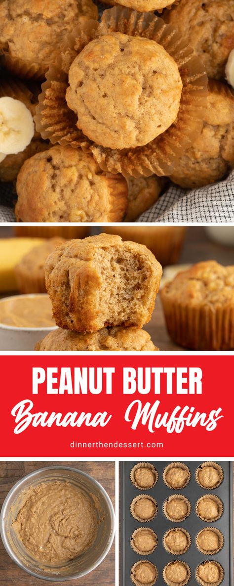 Peanut Butter Banana Muffins are tender and flavorful with the perfect blend of mashed bananas, honey, creamy peanut butter, and cinnamon. Mashed Banana Recipes, Banana Nut Bread Muffins, Banana Peanut Butter Muffins, Banana And Peanut Butter, Slow Cooker Appetizers, Quick Easy Healthy Meals, Peanut Butter Muffins, Banana Oatmeal Muffins, Peanut Butter Banana Muffins