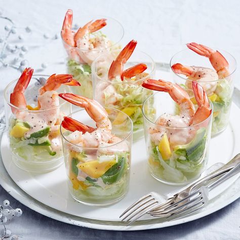 Prawn, mango and avocado cocktails | Women's Weekly Food Prawn Mango Avocado Salad, Avocado Cocktail, Dinner Party Starters, Mango And Avocado, Prawn Salad, Prawn Cocktail, Appetizer Bites, Xmas Food, Starters Recipes