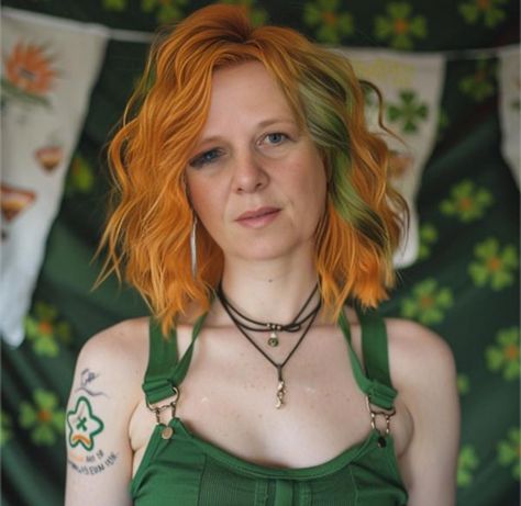 Ginger And Green Hair, Short Colorful Hair, Orange And Green Hair, Hair Color Orange, Pale Orange, Orange Hair, Ginger Hair, Green Shirt, Green Hair