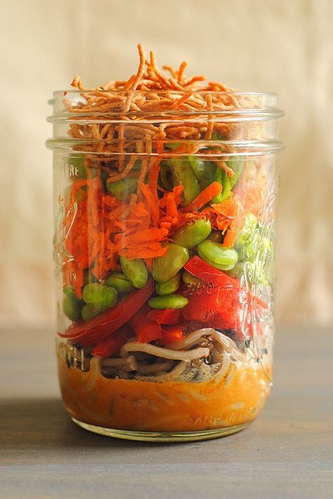 Awesome Mason Jar Salads Recipes | Eat This Not That Asian Pasta Salads, Mason Jar Lunch, Salad Jars, Asian Pasta, Asian Noodle Salad, Salad Jar Recipe, Spicy Noodle, Jar Meals, Jar Salads