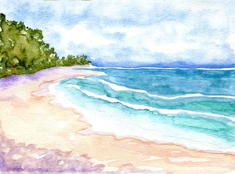 Bellows Beach, Hawaii Hawaii Watercolor Paintings Easy, Quick Watercolor Landscape, Hawaii Watercolor Paintings, Watercolor Hawaii, Vacation Painting, Island Watercolor, Watercolor Landscape Tutorial, Beach Scene Painting, Loose Watercolor Paintings