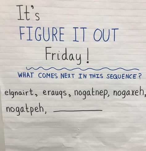 SELebrate YOU on Instagram: “It’s Figure It Out Friday! 🙌 Take a close look at the words. There’s a pattern here!😊 . . I won’t find out til Monday how the kids did, but…” Figure It Out Friday, Friday Morning Message Classroom, Friday Whiteboard, Fun Friday Activities Classroom Ideas, Staff Games, Fun Friday Activities, Primary Classroom Displays, Monday Magic, Friday Activities