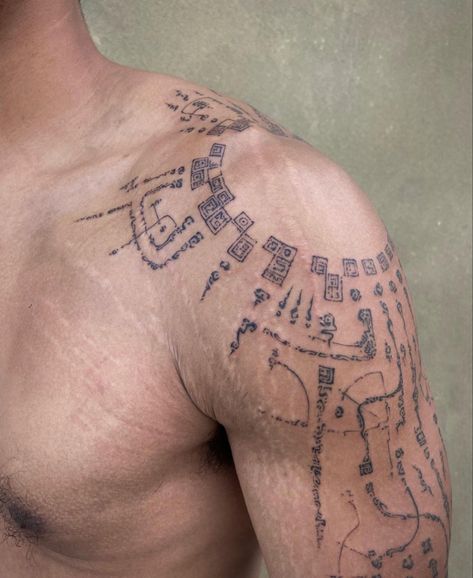 Mens V Line Tattoo, Asemic Tattoo, Elian Script Tattoo, Center Back Tattoo, Euro Trash Tattoo, Words For Tattoos, Adornment Tattoo, Back Tattoos Men, Back Tattoos For Men