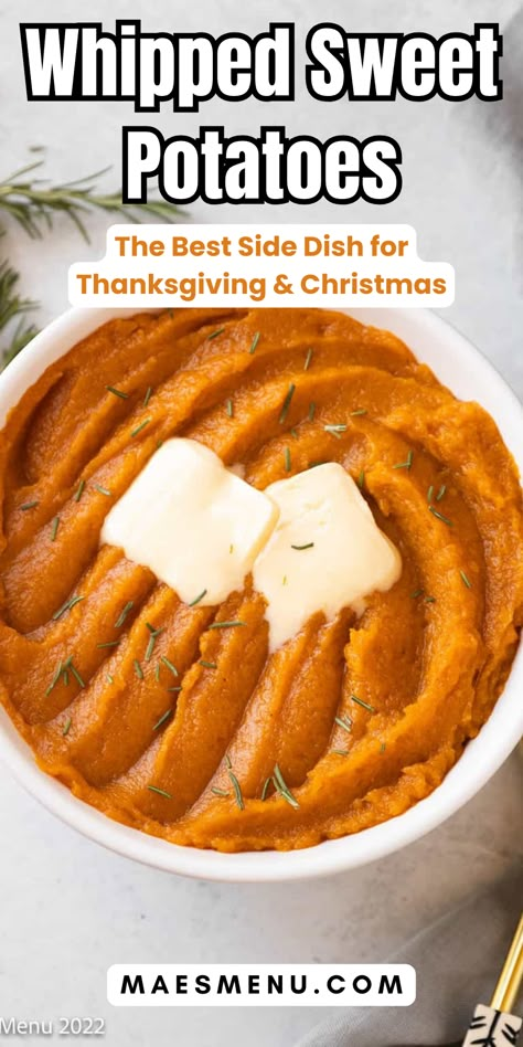 Whipped Sweet Potatoes | A Perfect Thanksgiving Side Dish Sweet Potatoes Mashed, Fall Side Dish Recipes, Gingerbread Christmas Cookies, Whipped Sweet Potatoes, Sweet Potato Side Dish, Christmas Side Dish Recipes, Light Side Dishes, Southern Comfort Food Recipes, Potatoes Mashed