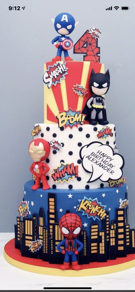 Superhero Theme Birthday Cake, Super Car Birthday Cake, Superhero Birthday Party Cake, Superhero Cake For Boys, Avengers Cake Ideas, Lego Superhero Cake, Spiderman Cake Birthday, Avengers Cake Design, Avengers Themed Cakes