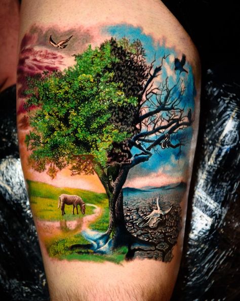 Tattoo Sleeve Men Color, Realistic Tattoo Sleeve Men, Arm Tattoos Color, Tree Tattoo Color, Camping Tattoo, Colour Tattoo For Women, Colored Tattoo Design, Backpiece Tattoo, Hyper Realistic Tattoo