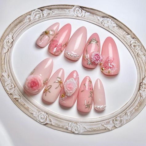 3d Rose Nails, Pink Rose Nails, Cute Korean Nail Art, Hard Gel Overlay, Feet Nail Design, New Years Nails, Korean Nail, 3d Flower Nails, Korean Nail Art