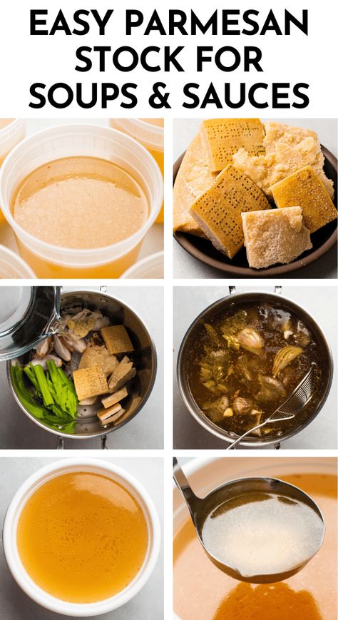 This easy homemade parmesan broth is the perfect way to use leftover parmesan rinds! Start by sautéeing some shallots and celery with a bit of garlic, then stir in some rinds, a few spices, and plenty of water. Let it simmer on the stove for a few hours until you have a rich, delicious parmesan stock that's perfect for pasta, risotto, soup, white beans, and more. Includes step by step photos, plenty of tips (plus notes on storing and freezing broth), and ideas for how to use parmesan broth. Freezing Broth, Parmesan Stock, Parmesan Broth, Risotto Soup, Parmesan Soup, Light Pasta, Parmesan Rind, Homemade Sauce Recipes, Homemade Spice Blends