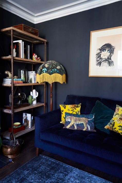 Every Room Has a Mood In This Eclectic Victorian Terrace Home - Front + Main Navy Maximalist Living Room, Blue Velvet Sofa Living Room, Tassel Lampshade, Dark Maximalist, Navy Velvet Sofa, Terrace Interior, Velvet Sofa Living Room, Blue Sofas, Blue Couch