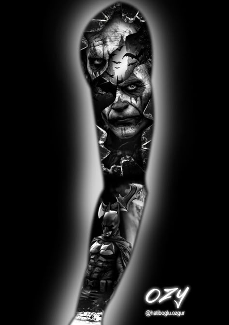 Batman Leg Sleeve Tattoo, Batman Sleeve Tattoo, Chest Tattoo Birds, Batman Joker Tattoo, Batman Tattoo Sleeve, Marvel Tattoo Ideas, Whang Od, Joker Tattoo Design, Ancient Tattoo