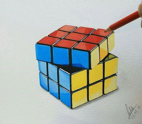 Amazing 3D Rubiks Cube Piece B Mother And Child Drawing, 3d Cube, 3d Drawings, Marker Drawing, Realistic Art, Op Art, Art Display, Drawing For Kids, Doodle Art