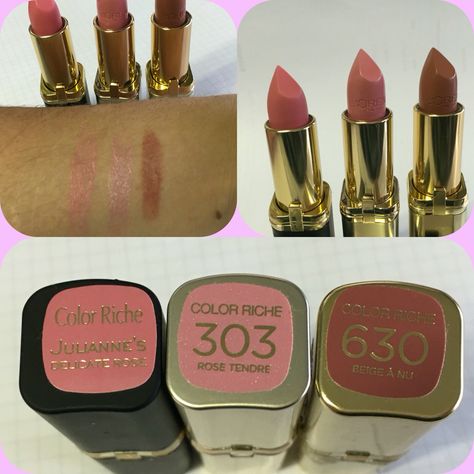 L'Oreal Colour Riche pale pinks and brown Lipstick Swatches. Julianne's Delicate Rose. 303 Rose Tendre. 630 Beige A Nu. Rose Brown Lipstick, Brown Lipstick Swatches, Loreal Color Riche, Beige Lipstick, Natural Glowy Makeup, Rose Lipstick, Brown Lipstick, Rosé Brown, Lipstick Swatches