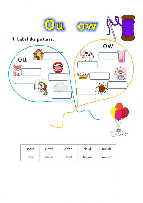 Ow Worksheets Free, Sound Language, Ou Words, Phonics Sounds Chart, Teaching Cursive, Spelling Lessons, English Grammar For Kids, Teaching Geography, English Activities For Kids