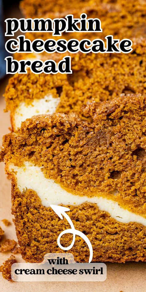 This Pumpkin Cheesecake Bread recipe is loaded with pumpkin spice flavor and a creamy cream cheese filling. This fall quick bread recipe makes for an impressive breakfast or dessert. Spicy Pumpkin Bread, Pumpkin With Cream Cheese Recipes, Pumpkin Cream Cheese Loaf Recipe, Pumpkin And Cream Cheese Bread, Banana Pumpkin Cream Cheese Bread, Pumpkin Cheesecake Bread Easy, Pumpkin Bread With Cream Cheese Swirl, Cream Cheese Stuffed Pumpkin Bread, Cheesecake Pumpkin Bread