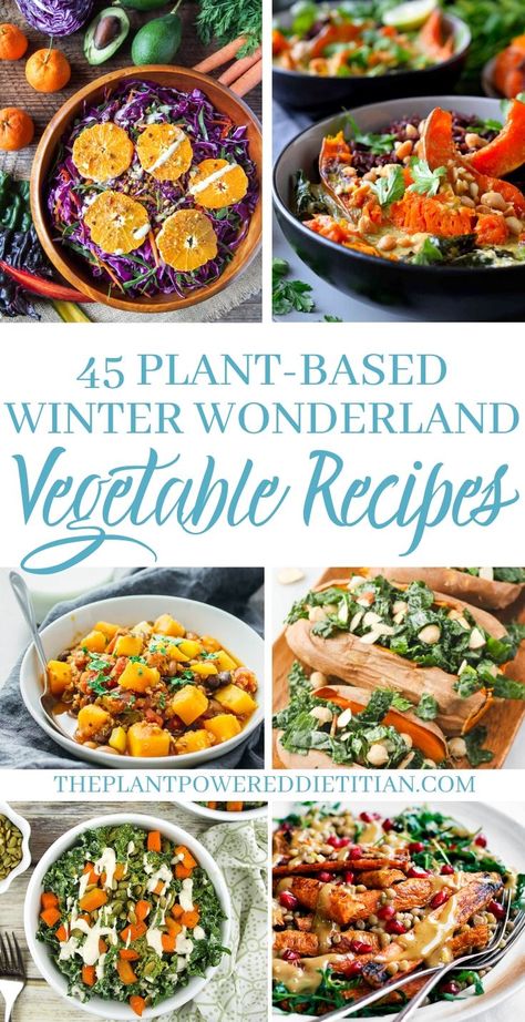 Welcome to winter! Just because it’s cold outside, it doesn’t mean you can’t celebrate veggies in all of their winter glory. So, I’m honoring winter vegetables in this amazing collection of #plantbased (#vegan) #winter wonderland #vegetable recipes. Enjoy! #vegetablerecipes #vegetablerecipeshealthy #vegetablerecipeseasy #wintervegetables #veganvegetablerecipes Winter Veggie Recipes, Vegetarian Recipes Winter, Winter Veggie Dishes, Winter Vegetable Recipes, December Food, Winter Vegetables Recipes, Vegan Vegetable Recipes, Veggie Ideas, Winter Veggies