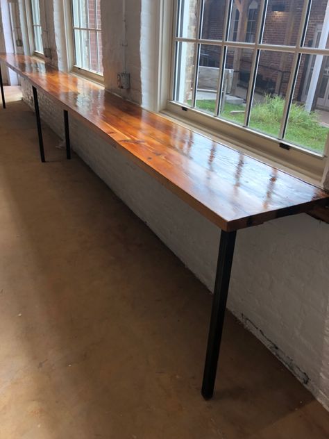 Long Desk Under Window, Long Wall Table, High Top Desk Work Spaces, Long Narrow Desk, Long Table Against Wall, Long Desk Diy, Long Wall Desk, Desk Against Wall, Diy Long Desk