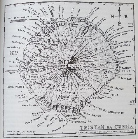 Tristan da Cunha from the survey by Allan Crawford, 1937-38. Capital Name, Dan Snow, British Overseas Territories, Halfway House, Orkney Islands, Shetland Islands, Island Map, Strange Places, Tristan Da Cunha