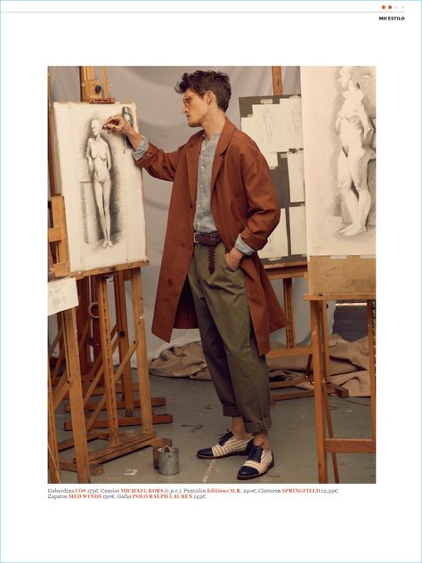 Danny Beauchamp | Men’s Health España | 2018 | Editorial | The Fashionisto Artistic Style Men, Artistic Man Aesthetic, Artist Outfit Style Men, Artsy Men Aesthetic, Men Artist Outfit, Man Artist Aesthetic, A Man Standing, Artist Outfit Men, Men Artist