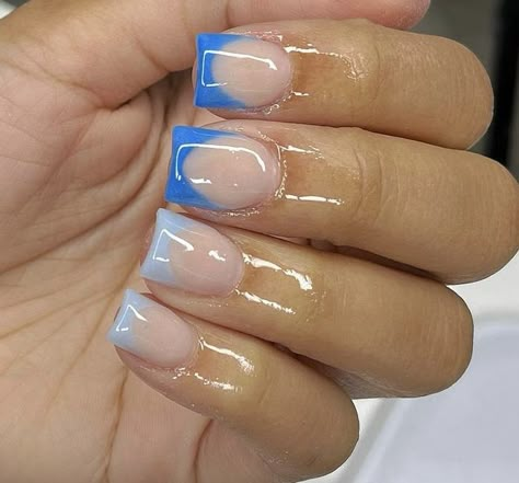 Follow for more Blue Overlay Nails, Baby Blue Toe Nails, Blue Nails Short Square, Short Blue French Tip Nails, Cute Cruise Nails, Short Light Blue Nails, Blue Short Nails, Acrylic Nails Blue, Drippy Nails