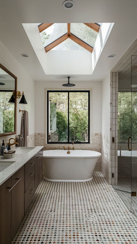 No Door Shower 21 Ideas: Create a Stunning, Open Bathroom Space Shower Room With Window, Bathroom With Glass Ceiling, Skylights In Bathroom, Small Bathroom With Skylight, Skylight Shower Ideas, Bathroom Shower With Window, Shower In Front Of Window, Sky Light Bathroom, No Door Shower Ideas