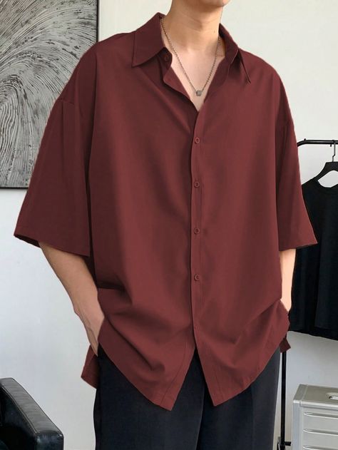 Drop Shoulder Button Up, Best Shirts For Men Casual, Maroon Button Up Shirt Men Outfit, Male Button Up Shirt Outfit, Elegant Mens Fashion, Button Up Men Aesthetic, Drop Shoulder Shirt Men, Male Clothing Styles Casual, Men’s Button Up