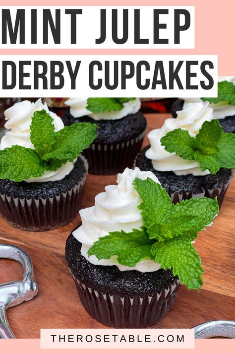 Bourbon chocolate cupcakes topped with Mint Julep frosting. perfect for a Kentucky Derby party! Derby Cupcakes, Bourbon Cupcakes, Derby Recipe, Bourbon Chocolate, Chocolate Bourbon, Filled Cupcakes, Kentucky Derby Party, Chocolate Mint, Derby Party