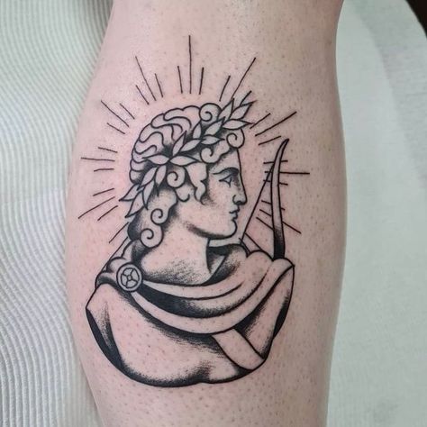 Apollo Themed Tattoo, Greek Mythology Tattoos Traditional, Apollo Tattoo Greek God, Apollo Tattoos, Apollo Tattoo Design, Chalice Tattoo, General Tattoo, Apollo Tattoo, Greek Tattoo