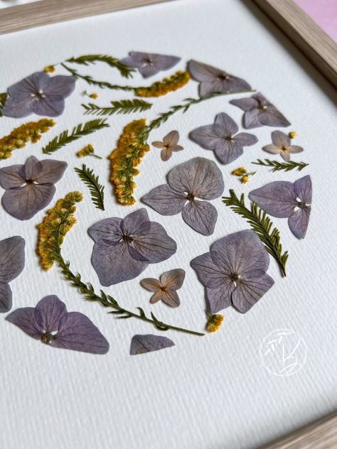 Pressed Flowers Wall Decor, How To Frame Pressed Flowers, Hydrangea Decor Home, Pressing Hydrangeas, Pressed Flowers Ideas, Pressed Hydrangea Art, Hydrangea Home Decor, Pressed Flower Craft, Pressed Flower Wall Art