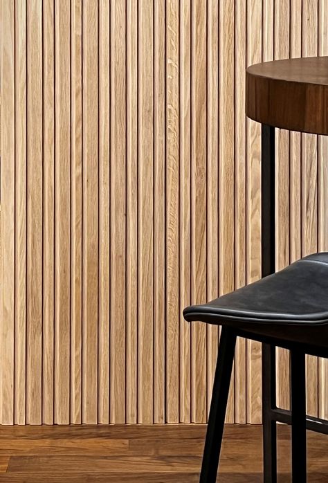 Low Profile Mixed Slat Wood Wall Panel White Oak Installation Wood Slat Under Counter, White Oak Wood Slat Wall, Wood Slat Peninsula, Kitchen Island Slatted Wood, Wood Slat Detail, Wood Wall Panel, Wood Wall Panels, Cafe Concept, White Oak Wood