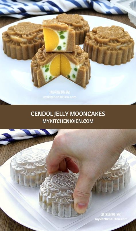 Brown Sugar Cendol flavour agar-agar mooncake with coconut milk cendol filling and brown sugar coconut milk agar-agar skin. #jelly #mooncakes #cendol #recipe Jelly Mooncake Recipe, Cendol Recipe, Agar Agar Jelly, Chinese Wisdom, Mooncake Recipe, Cake Jelly, Moon Cakes, Family Snacks, Agar Agar