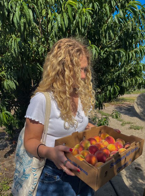 Girl with blonde curly hair holding freshly picked peaches Peach Picking Photoshoot, Peach Picking Aesthetic, Peach Picking Outfit, Peach Girl Aesthetic, Peaches Photoshoot, Fruit Picking Aesthetic, Peach Outfit Ideas, Peach Photoshoot, Peach Picking