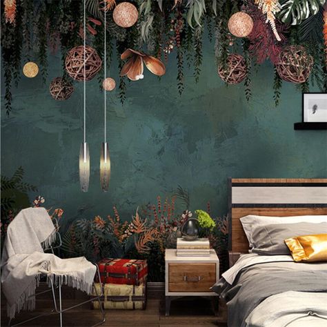 Smarter Shopping, Better Living! Aliexpress.com Dark Green Wall Mural, Green Moody Wallpaper, Dark Green Themed Bedroom, Peel And Stick Wallpaper Accent Walls Bathroom, Rustic Bed Design, Moody Rooms, Guest Bedroom Office, Simple Bed Designs, Wallpaper Marble