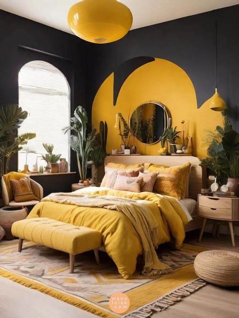 We're revealing the power of yellow in the most beautiful 35 ideas for a modern yellow bedroom decor that will transform your space. Ideas of: yellow bedroom ideas, modern bedroom decor, mustard yellow bedroom, blue and yellow bedroom, yellow bedroom wall, baddie apartment ideas bedroom, spring bedroom ideas, summer bedroom aesthetic, classy bedroom, best bedroom colors, wall decor ideas for bedroom, modern bedroom design, modern bedroom ideas, organic modern bedroom, modern bedroom interior. Bedroom Aesthetic Classy, Bedroom Blue And Yellow, Yellow Walls Bedroom, Bedroom Ideas Organic Modern, Modern Yellow Bedroom, Eclectic Bedroom Vintage, Bedroom Ideas Summer, Airbnb Themes, Mid Century Eclectic Bedroom