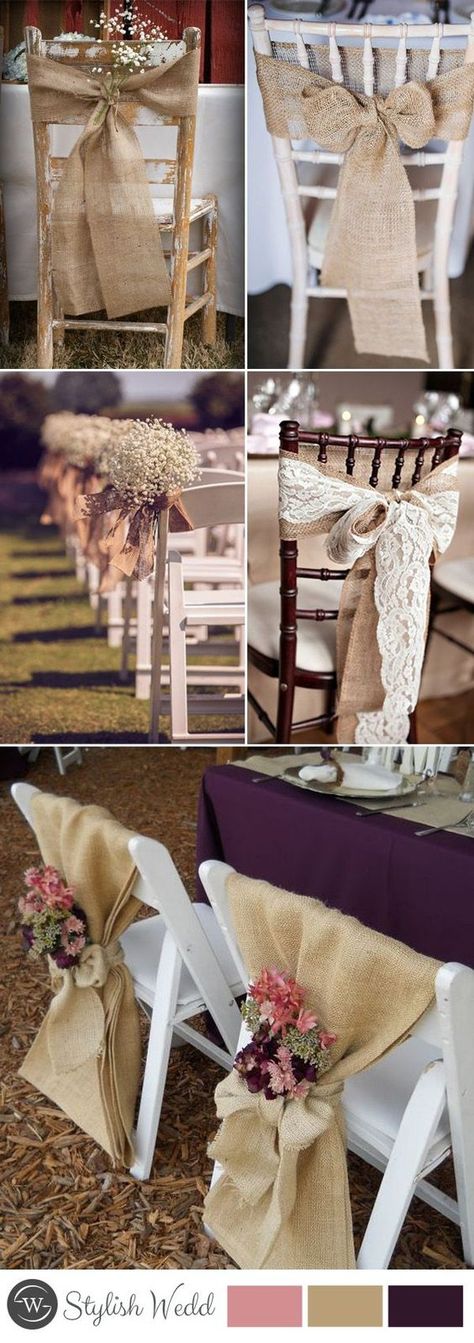 rustic wedding chair decors with burlap Kingscote Barn, Bohemian Weddings, Rustic Inspiration, Wedding Chair Decorations, Rustic Chair, Diy Event, Wedding Chair, Wedding Barn, Chair Decorations