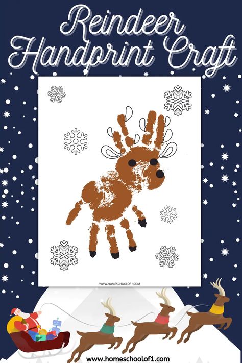 Rudolph Handprint Craft, Christmas Reindeer Handprint, Reindeer Craft Handprint, Rain Deer Hand Print, Rudolph Crafts For Toddlers, Hand Reindeer Craft, Reindeer Handprints For Kids, Toddler Reindeer Craft, Snowflake Handprint Craft