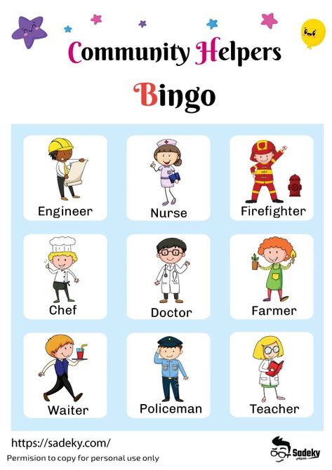 Free Community Helpers Bingo Printable For Kids | Sadeky Community Helpers Printables, Community Helpers Crafts, Community Helpers Worksheets, Bingo For Kids, Community Helpers Preschool, Bingo Cards Printable, Learning English For Kids, Community Helper, Engage Kids