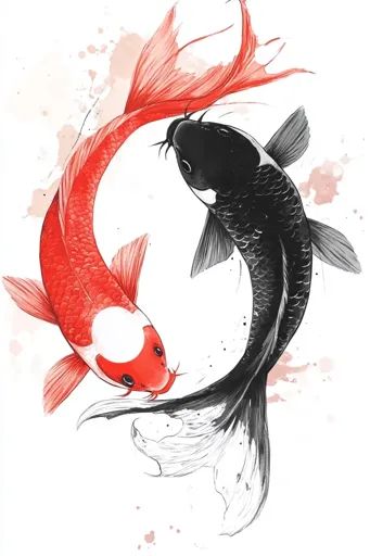 ↑↑↑ Larger size on website 🔸 The image depicts two koi fish, one red and one black, swimming in a circular pattern. The red fish  🔸 From Midjourney AI Image Two Koi Fish, Yin And Yang Symbol, Yin Yang Koi, Black Fish, Japanese Koi, Symbolic Representation, Balance And Harmony, Yin And Yang, Circular Pattern