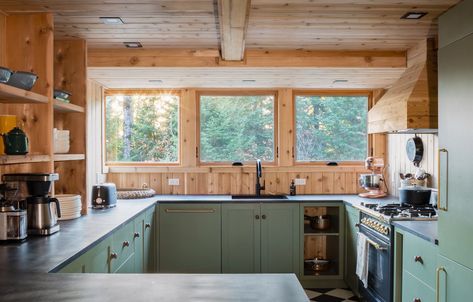 Ikea Cabin Kitchen, Log Cabin Modern Interior, Rough Wood Walls, River Cabin Interior, Lakehouse Interior Design, Simple Cabin Interior, Modern Wood Cabin, Lake Cabin Kitchen, Scandi Cabin