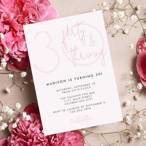 $3.17 | Thirty, Flirty Thriving Modern Pink 30th Birthday #thirty flirty thriving, thirtieth birthday party, pink birthday celebration, 30th downloadable invitation template, mobile birthday invite, unique typography, girly, fun, 30 years old, cheers Pink 30th Birthday, Lavish Party, Pink Birthday Party Invitations, 30th Birthday Ideas For Women, 30th Birthday Themes, Thirty Flirty And Thriving, 30th Birthday Decorations, Birthday Party Design, Modern Birthday