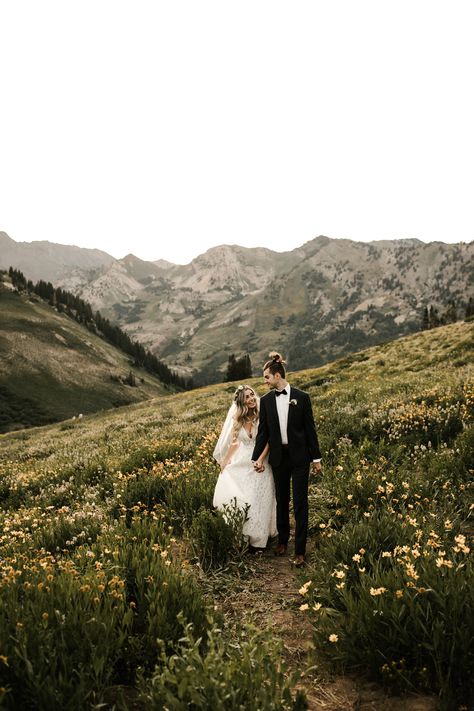 Albion Basin Photography, Utah Mountains Photography, Engagement Dress Bride, Mountain Wedding Bouquet, White Engagement Dress, Alta Utah, Albion Basin, Summer Blush, Black White Flowers