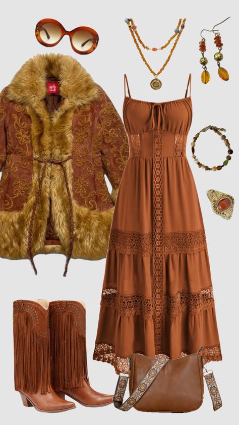 70s hippie inspired #outfitinspo #vintage #hippie #boho #bohemian #70s #70sfashion #70shippie Modern Hippie Outfits, Hippie Winter Outfits, 70s Hippie Outfits, Hippie Outfits 70s, 1970 Outfits, Hippie Outfit Inspo, 70s Boho Fashion, Boho Hippie Outfits, Cowboy Festival