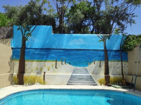 Pool Retaining Wall Ideas, Murals Street Art Creative, Pool Wall Mural, Beach Theme Backyard, Pool Retaining Wall, Hotel Outside, Garden Murals, Garage Door Mural, Beach House Decor Living Room