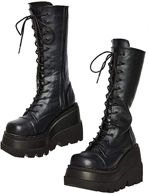 Amazon.com | Womens High Platform Mid Calf Wedges Chunky High Heel Round-Toe Side Zip Punk Combat Boots For Women | Mid-Calf Warm Boots For Women, Combat Boots For Women, Boots For Women Black, Ladies Long Boots, Female Sneakers, Demonia Boots, Hak Tinggi, Goth Shoes, Goth Boots