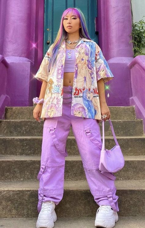 Vaporwave Aesthetic Outfits, Vaporwave Outfit, Girly Streetwear, Vaporwave Fashion, Colorful Streetwear, Futuristic Cyberpunk, Purple Streetwear, Cyberpunk Design, Fashion Top Outfits