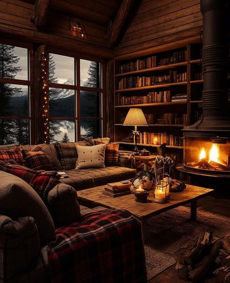 Barndominium Interior, Winter Living Room, Cabin Interior Design, Log Cabin Interior, Warm Home Decor, Home Library Design, Cosy Living Room, Cabin Interiors, Dream Living