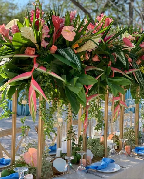 Tropical Wedding Reception Decor, Tropical Paradise Party, Bridal Dress Beach Wedding, Havana Nights Theme, Caribbean Beach Wedding, Tropical Wedding Reception, Tropical Centerpieces, Tropical Wedding Decor, Tropical Flower Arrangements